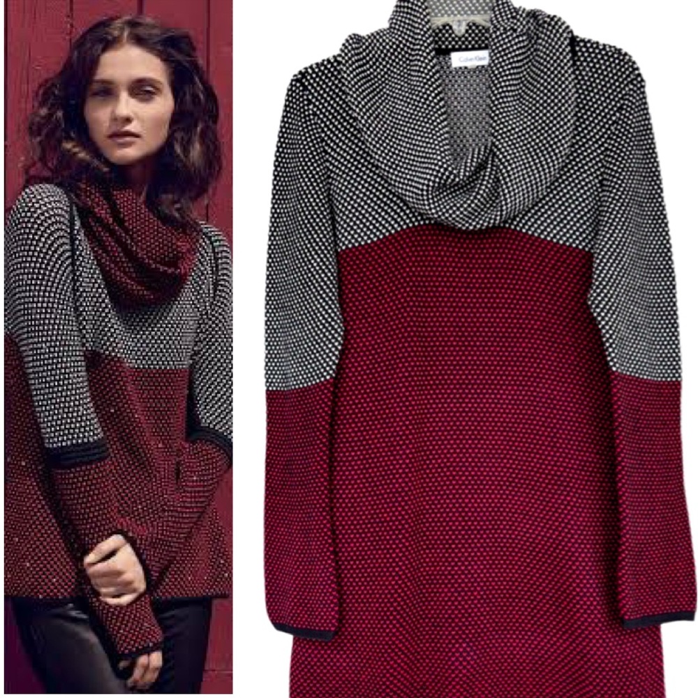 Calvin Klein Cowl Neck Sweater Chunky Heavy Knit Cotton Red Black Size Large